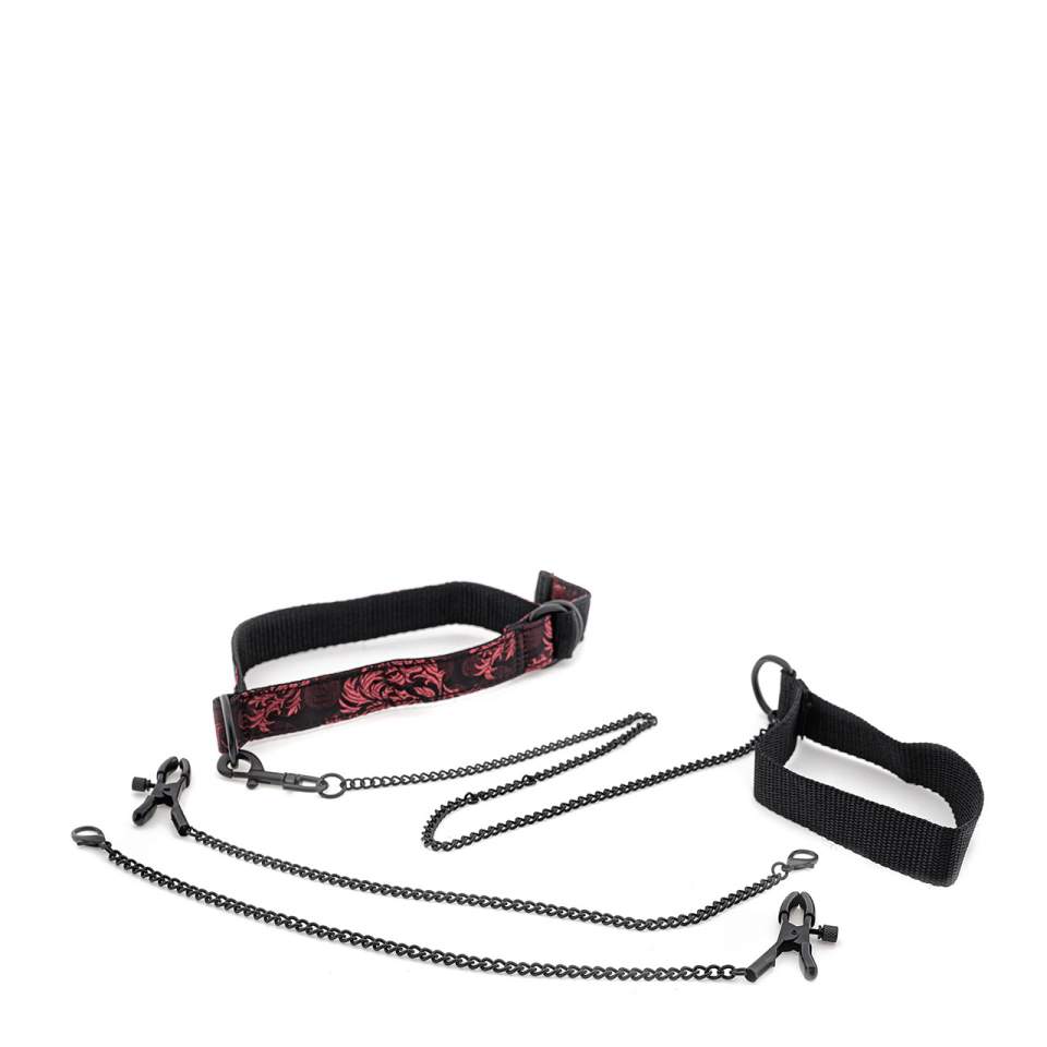 Czarno-czerwony zestaw niewoli z obrożą, smyczą, zaciskami i kajdankami