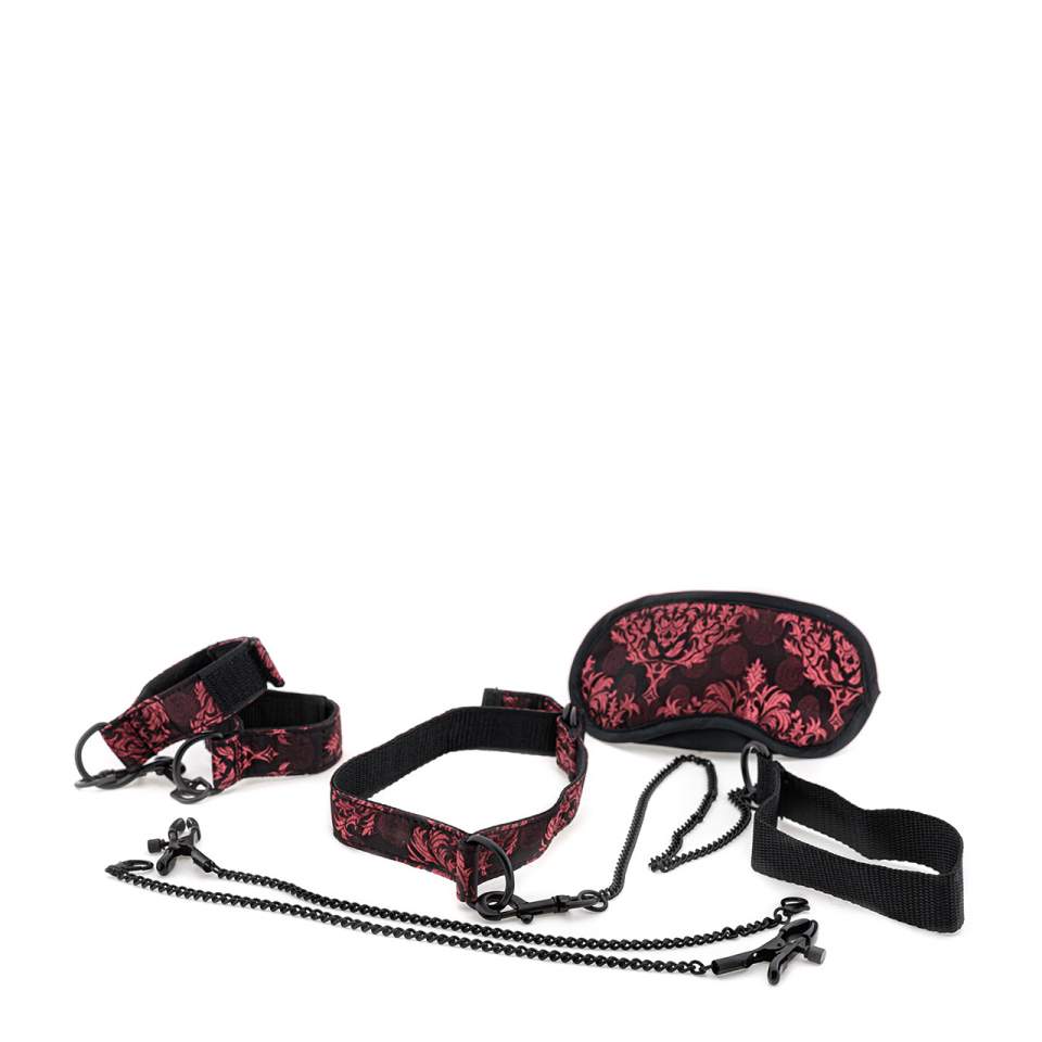 Czarno-czerwony zestaw niewoli z obrożą, smyczą, zaciskami i kajdankami
