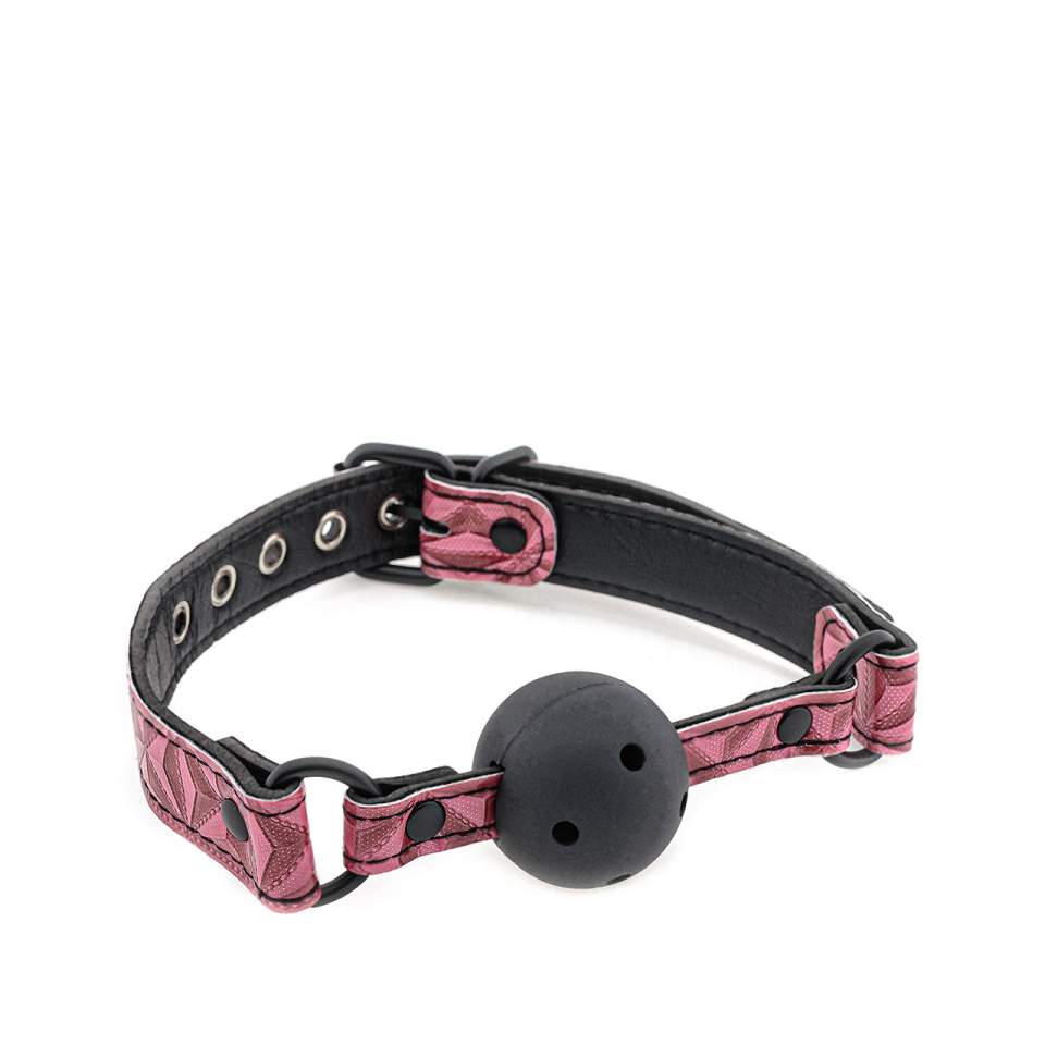 Czarno-różowy knebel kulkowy oddychający z ozdobnym paskiem