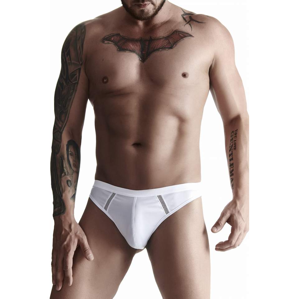 Białe męskie stringi BRI006 z wetlooka podkreślające pośladki