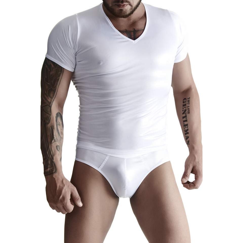 Męska koszulka z wetlooka w białym kolorze wycięta w serek