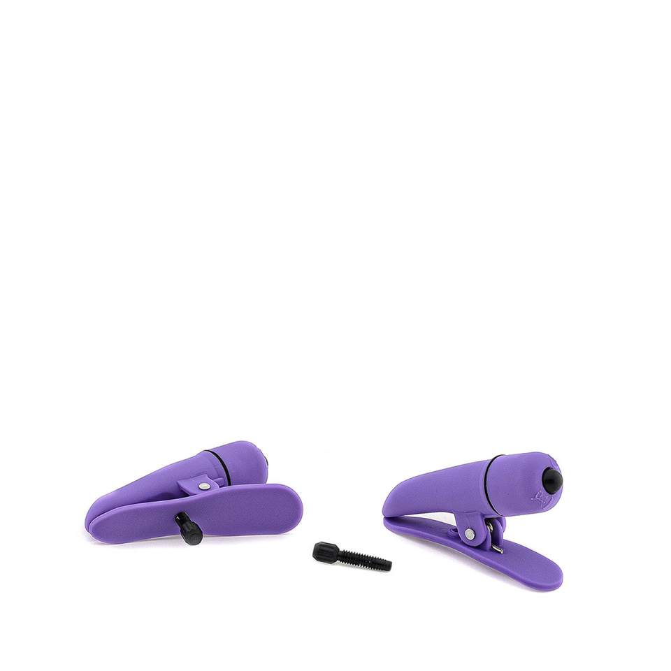 Fioletowe klamerki do stymulacji sutków z dodatkową wibracją
