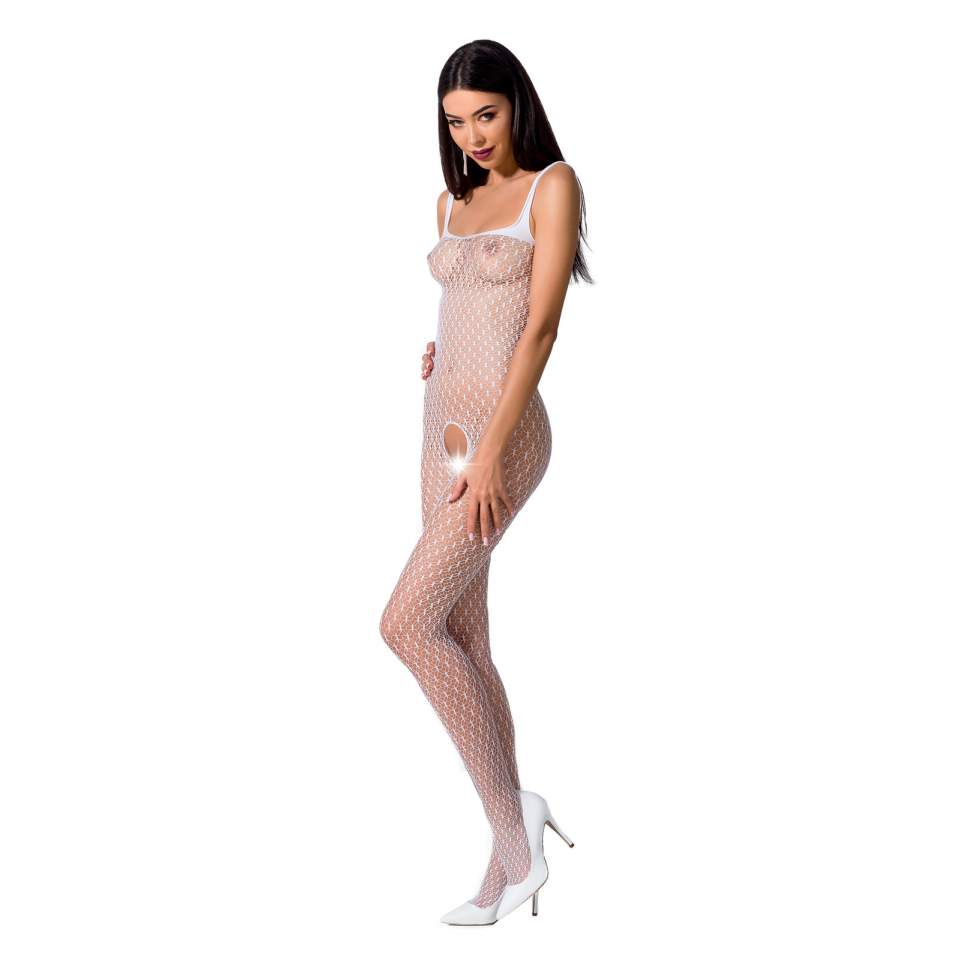 Drapieżne, białe bodystocking Passion BS071 z otwartym krokiem