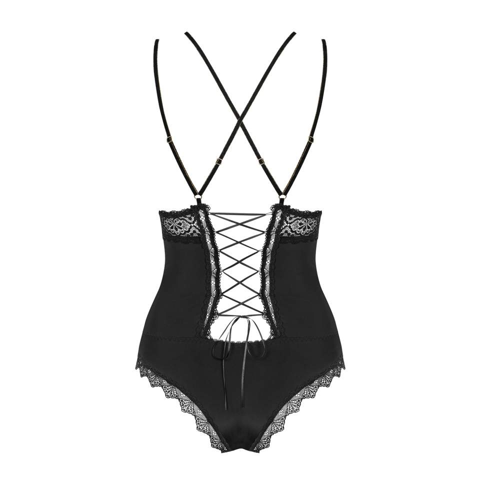 Czarne Body Obsessive Lolitte z zapięciem w kroku i koronką