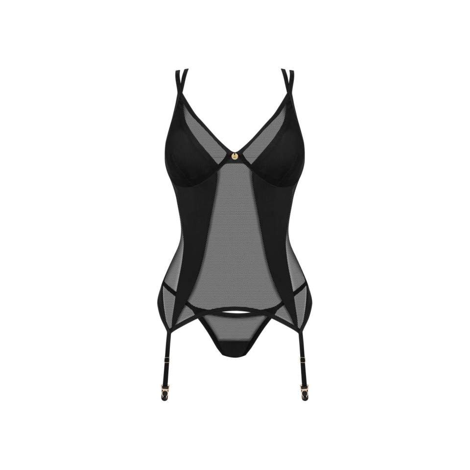 Prześwitujący czarny gorset ze stringami Obsessive Nesari