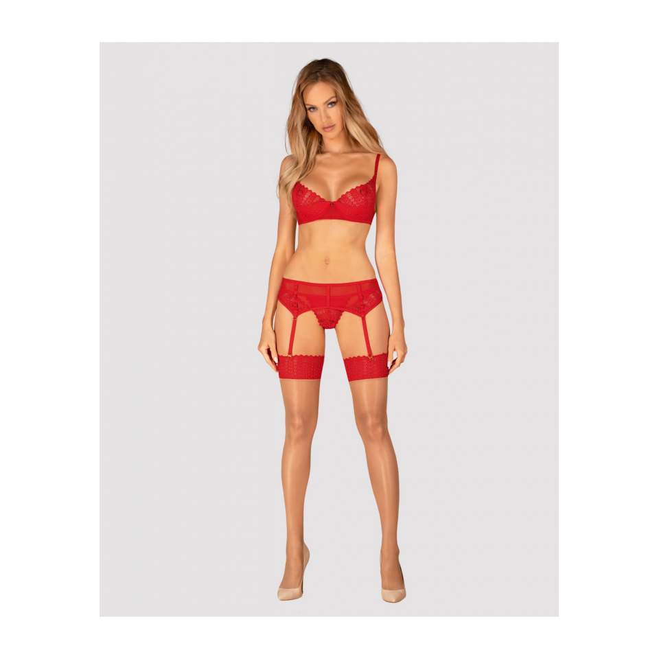 Bezowe z czerwona koronką pończochy Ingridia