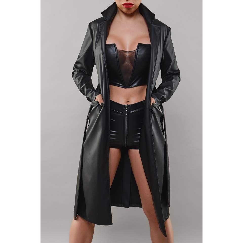 Elegancki i efektowny czarny płaszcz z eko-skóry Demoniq Selina