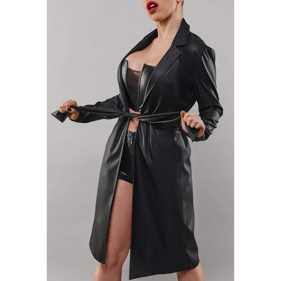 Elegancki i efektowny czarny płaszcz z eko-skóry Demoniq Selina