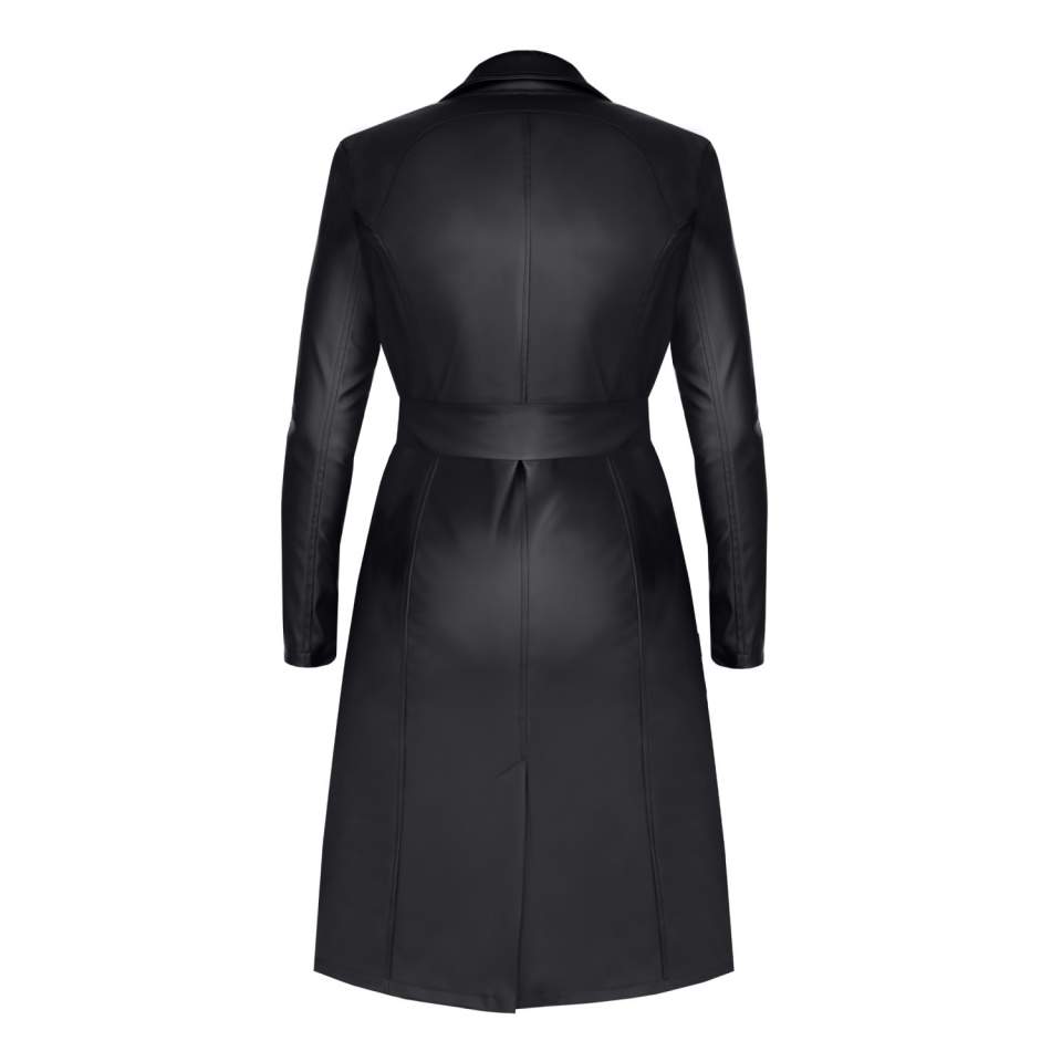 Elegancki i efektowny czarny płaszcz z eko-skóry Demoniq Selina
