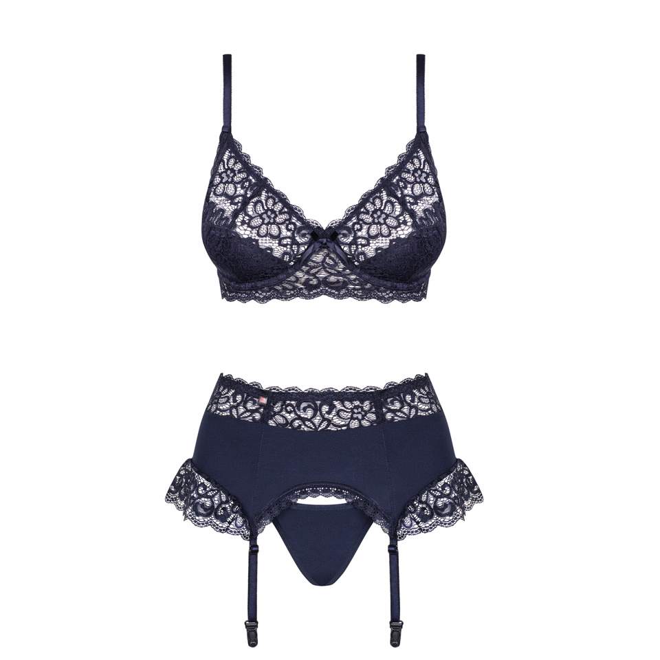 Granatowy, trzyczęściowy koronkowy komplet Obsessive Drimera