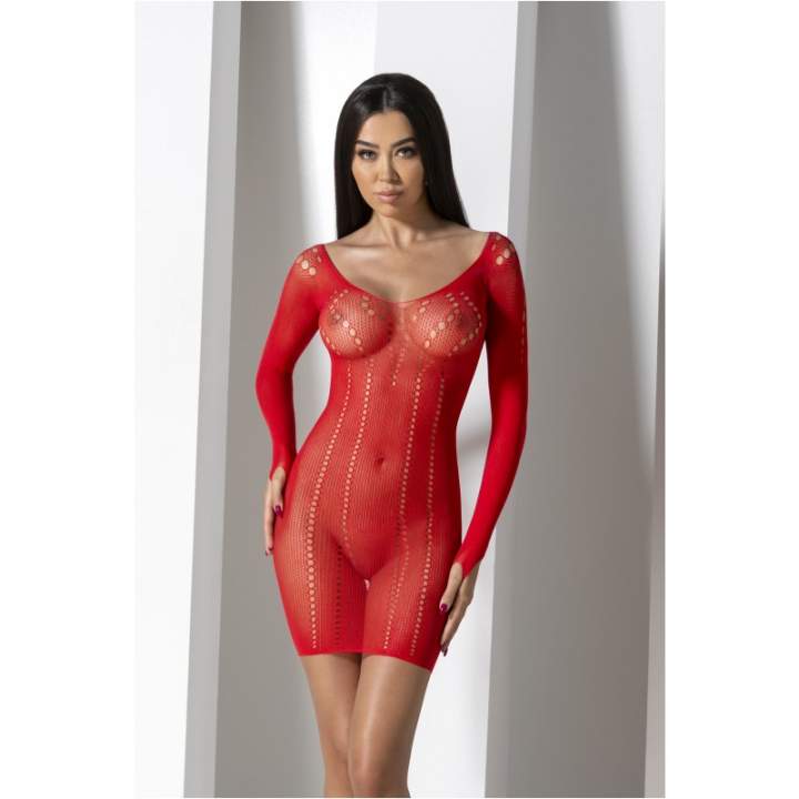 Seksowna czerwone siateczkowa sukienka z długim rękawem Passion BS101
