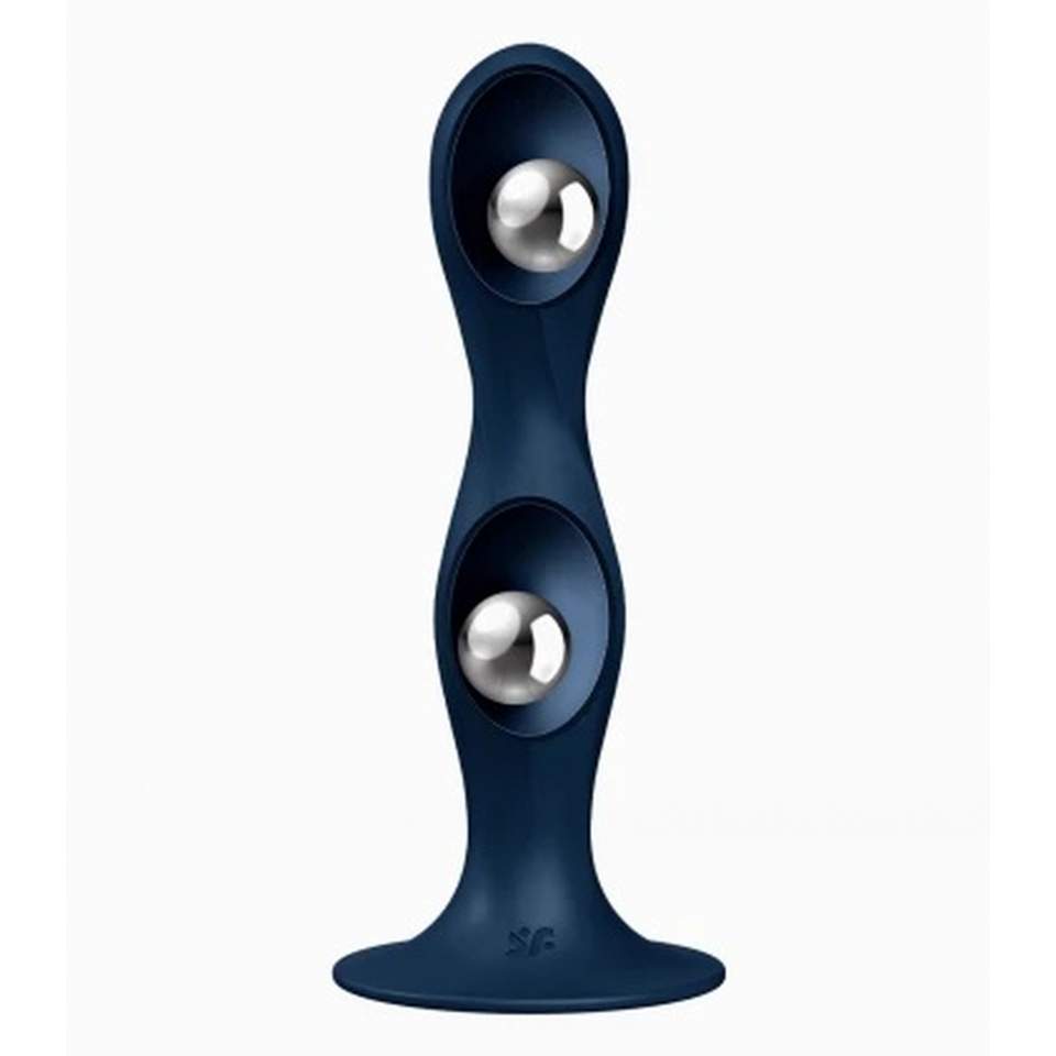 Silikonowe granatowe dildo z kuklami marki Satysfyer Double Ball-R
