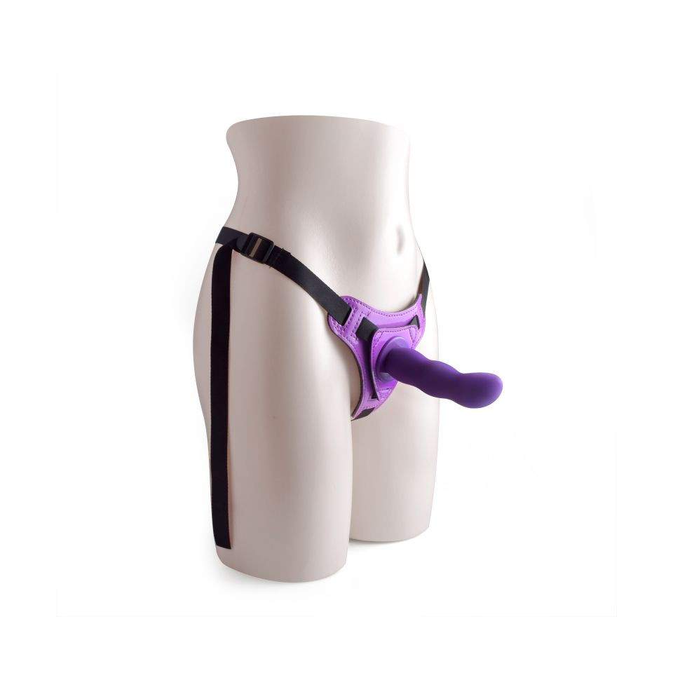 Strap-on regulowany z silikonowym fioletowym dildem