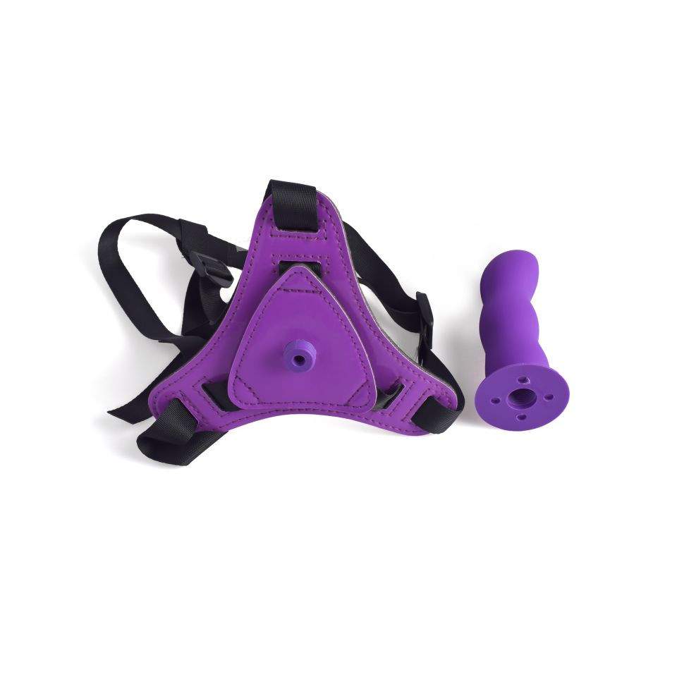 Strap-on regulowany z silikonowym fioletowym dildem