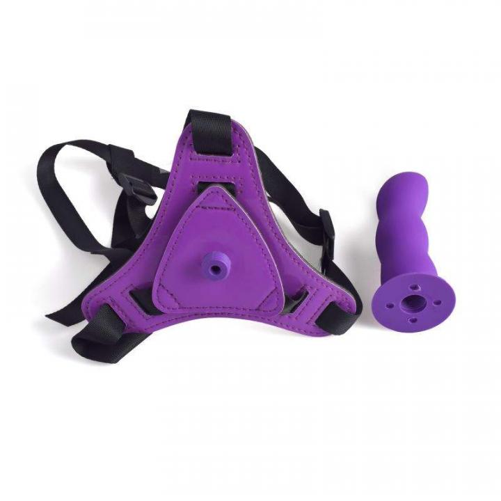 Strap-on regulowany z silikonowym fioletowym dildem