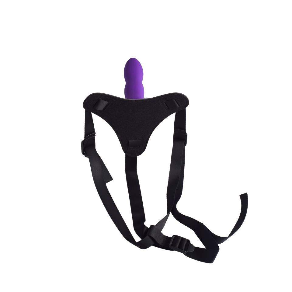 Strap-on regulowany z silikonowym fioletowym dildem