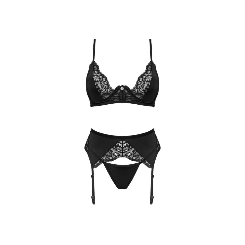 Klasyczny z dodatkiem koronki czarny 3-częściowy komplet Obsessive Bellastia
