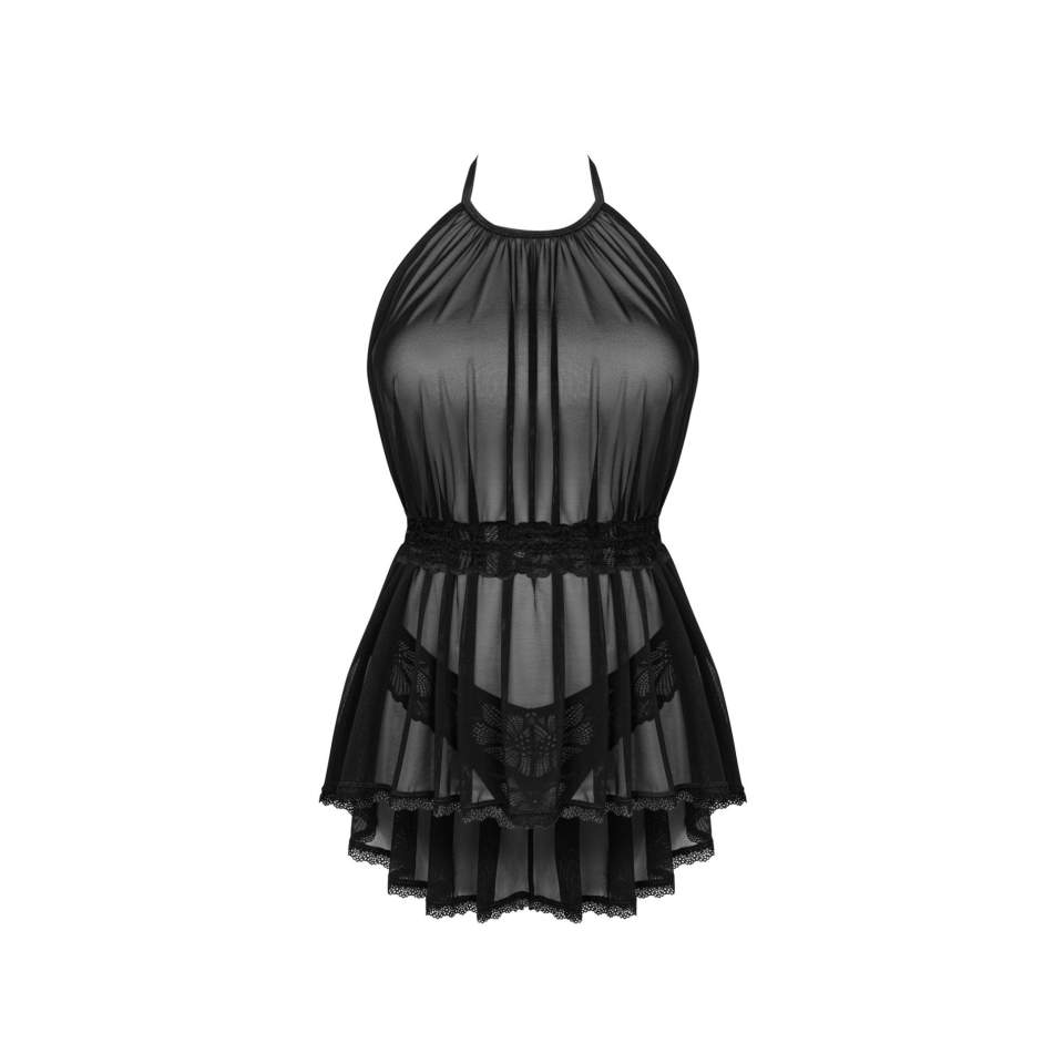 Prześwitująca i zmysłowa czarna koszulka babydoll + stringi Obsessive Serafia