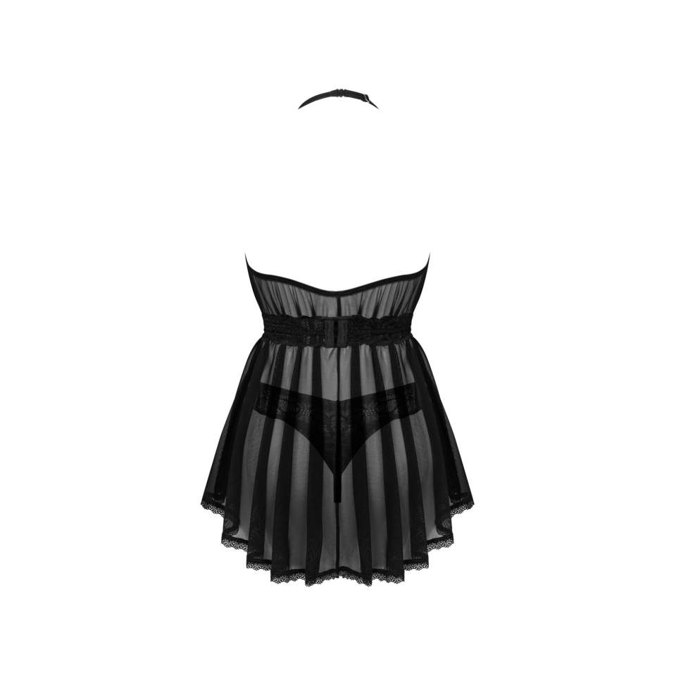 Prześwitująca i zmysłowa czarna koszulka babydoll + stringi Obsessive Serafia