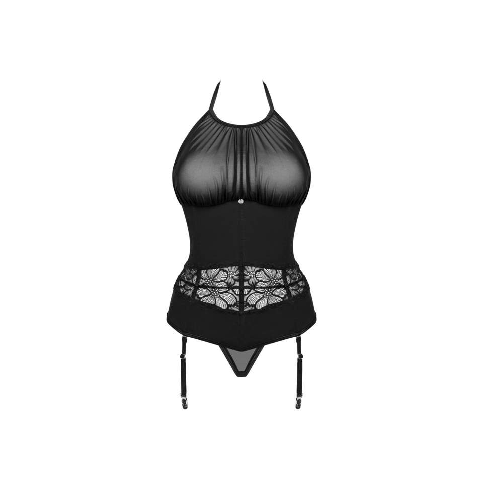 Zmysłowy czarny gorset z ramiączkiem na szyi + stringi Obsessive Serafia