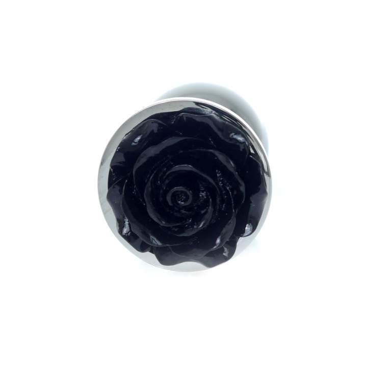 Srebrny stalowy korek analny z różyczką w kolorze czarnym - średnica 2,7 cm