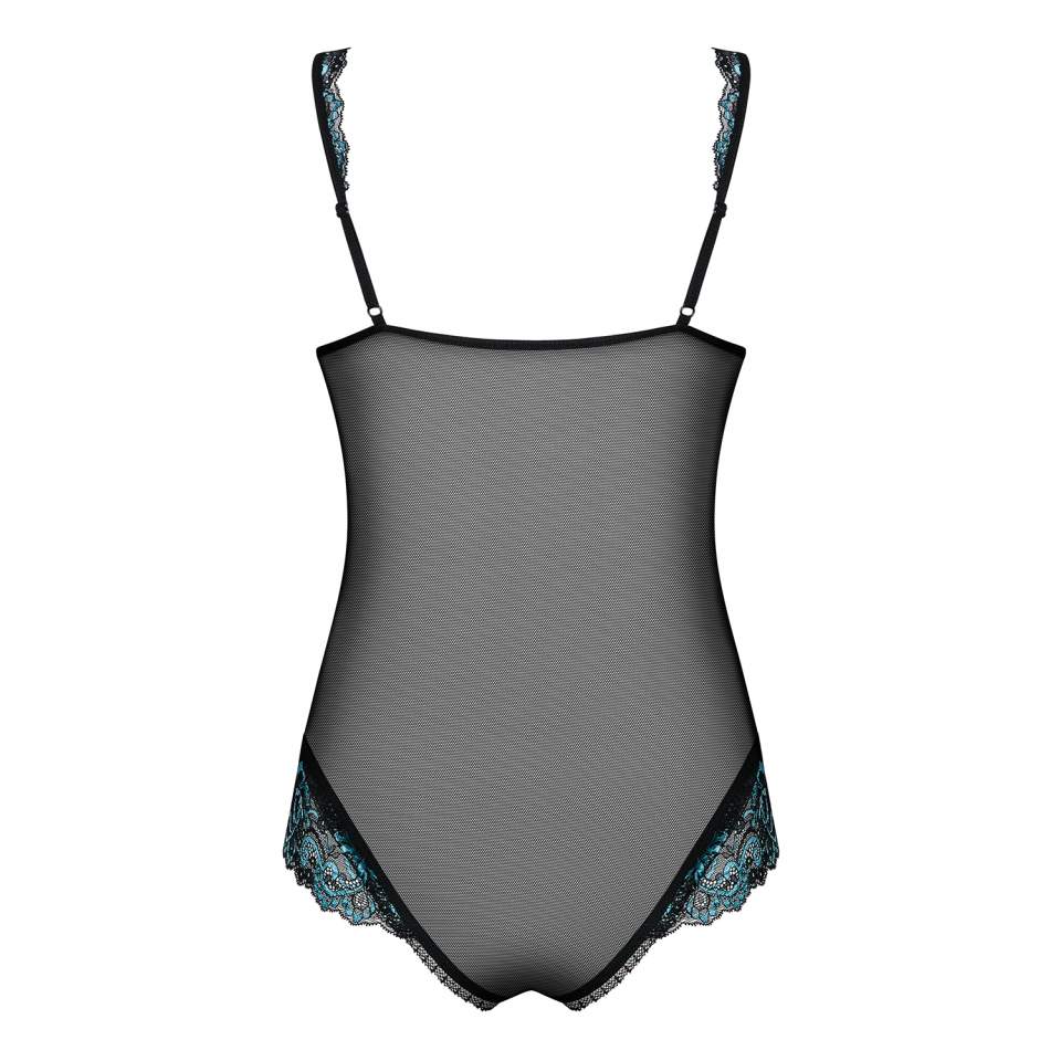 Czarne body Obsessive Amanta z turkusowymi aplikacjami o otwartym krokiem