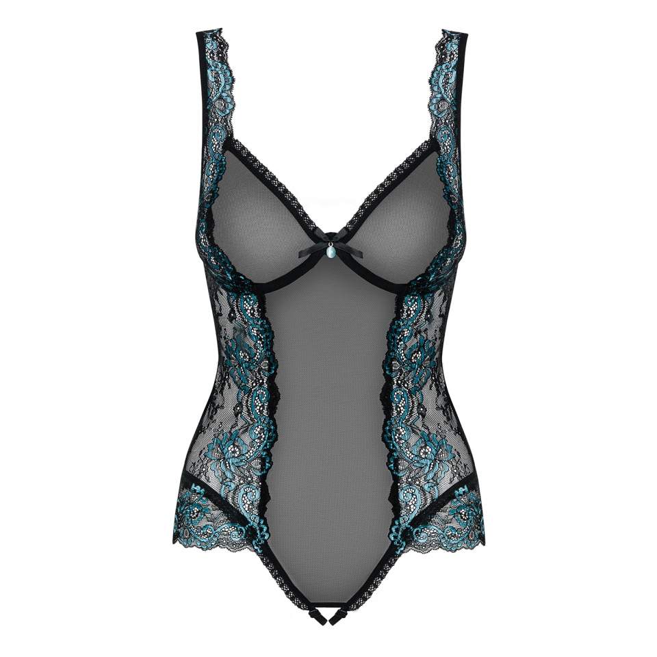 Czarne body Obsessive Amanta z turkusowymi aplikacjami o otwartym krokiem