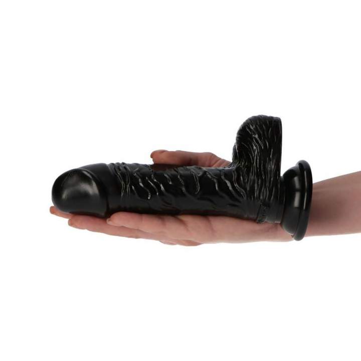 Wodoodporne czarne dildo z jądrami do stymulacji analno-waginalnej - 16cm