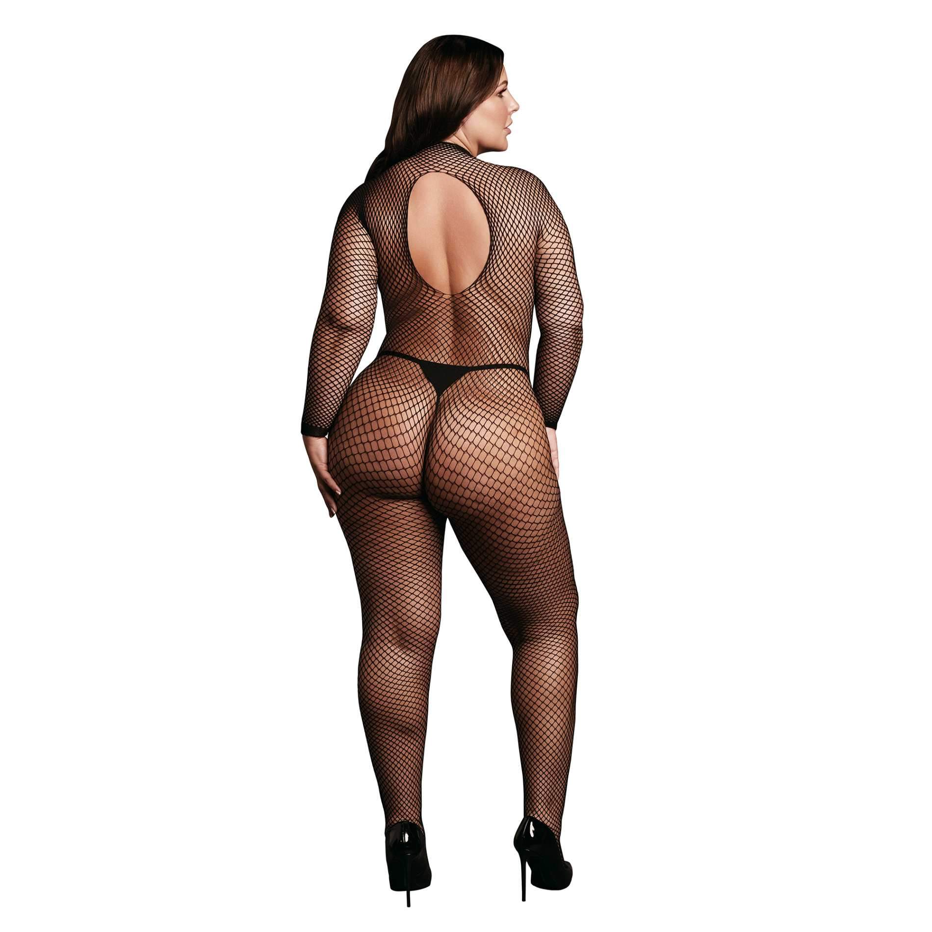 Bodystocking z siateczkową strukturą, otwartym krokiem i golfem XL-4XL