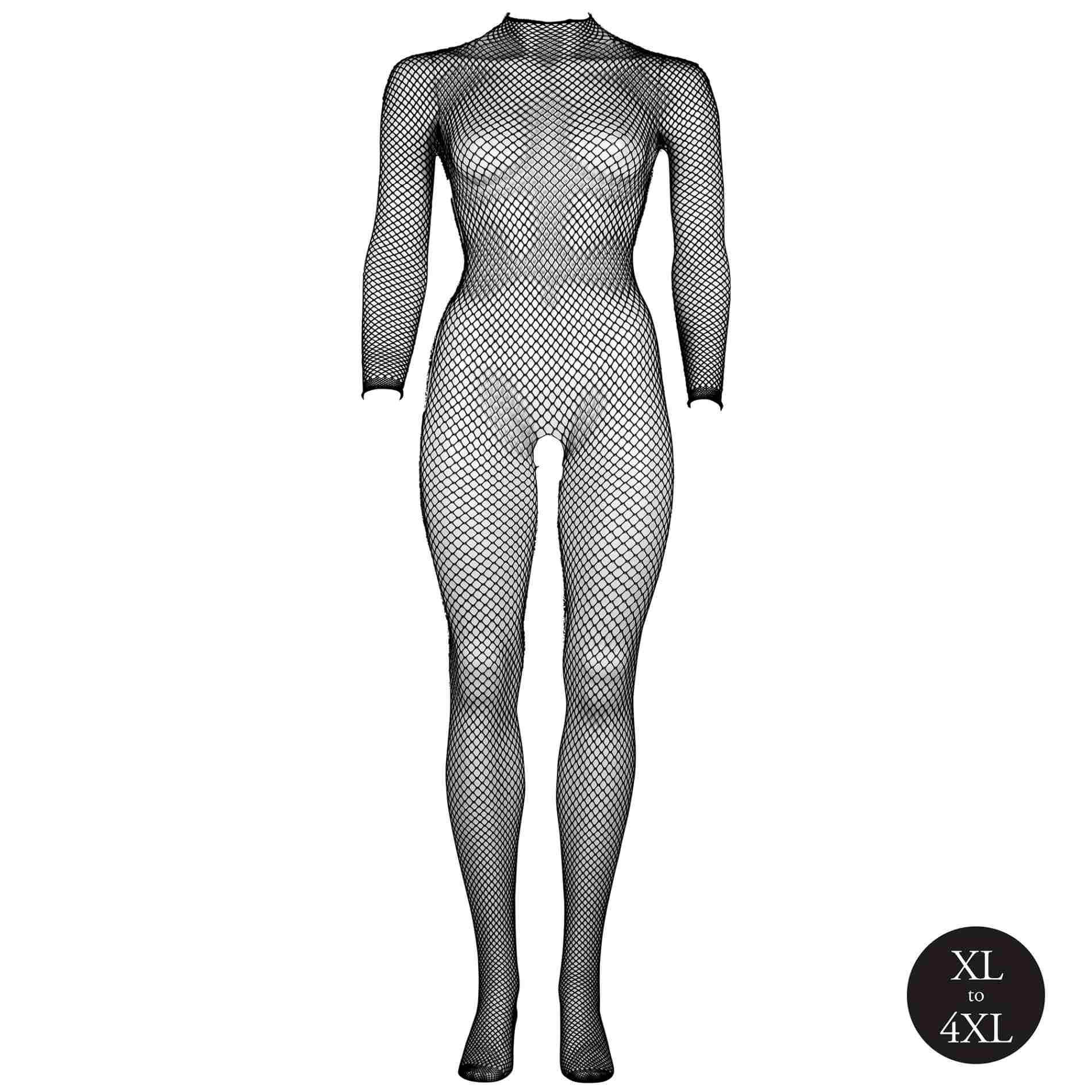 Bodystocking z siateczkową strukturą, otwartym krokiem i golfem XL-4XL