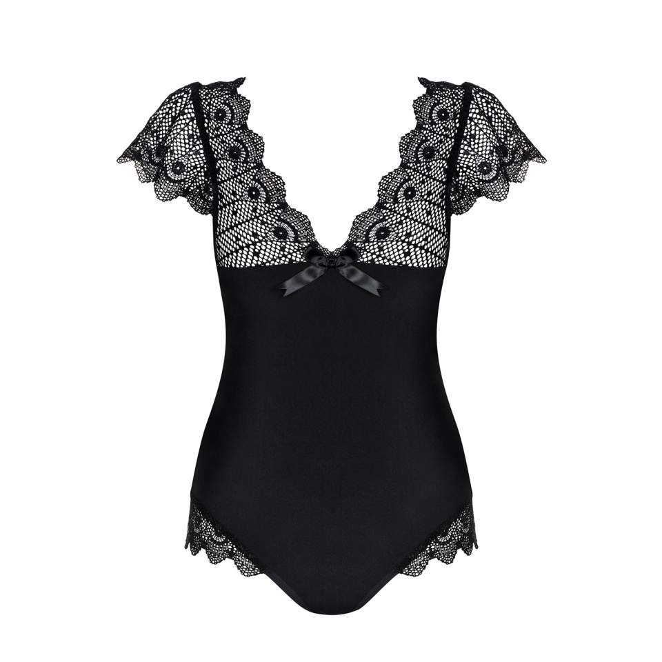 Czarne body Obsessive Moketta z finezyjnymi rękawkami