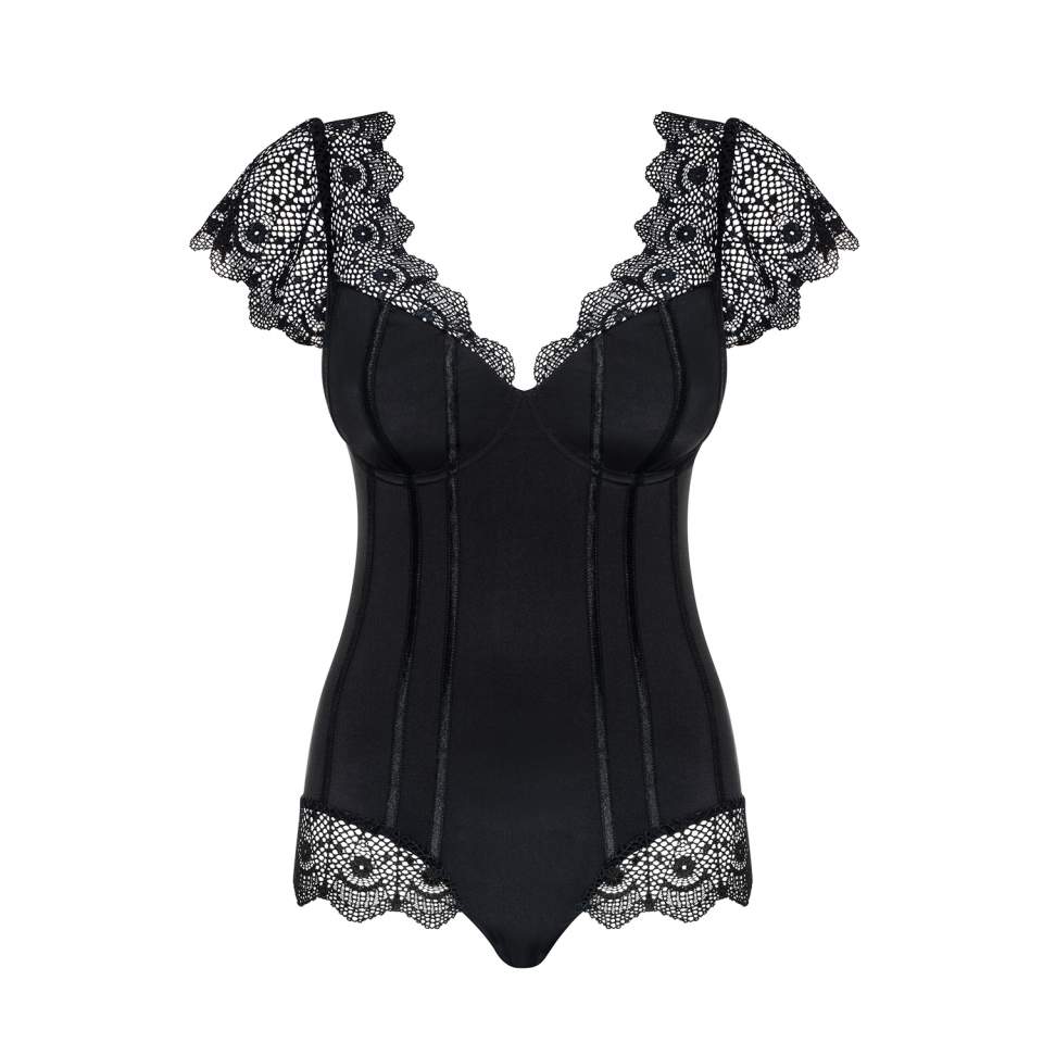 Czarne body Obsessive Moketta z finezyjnymi rękawkami