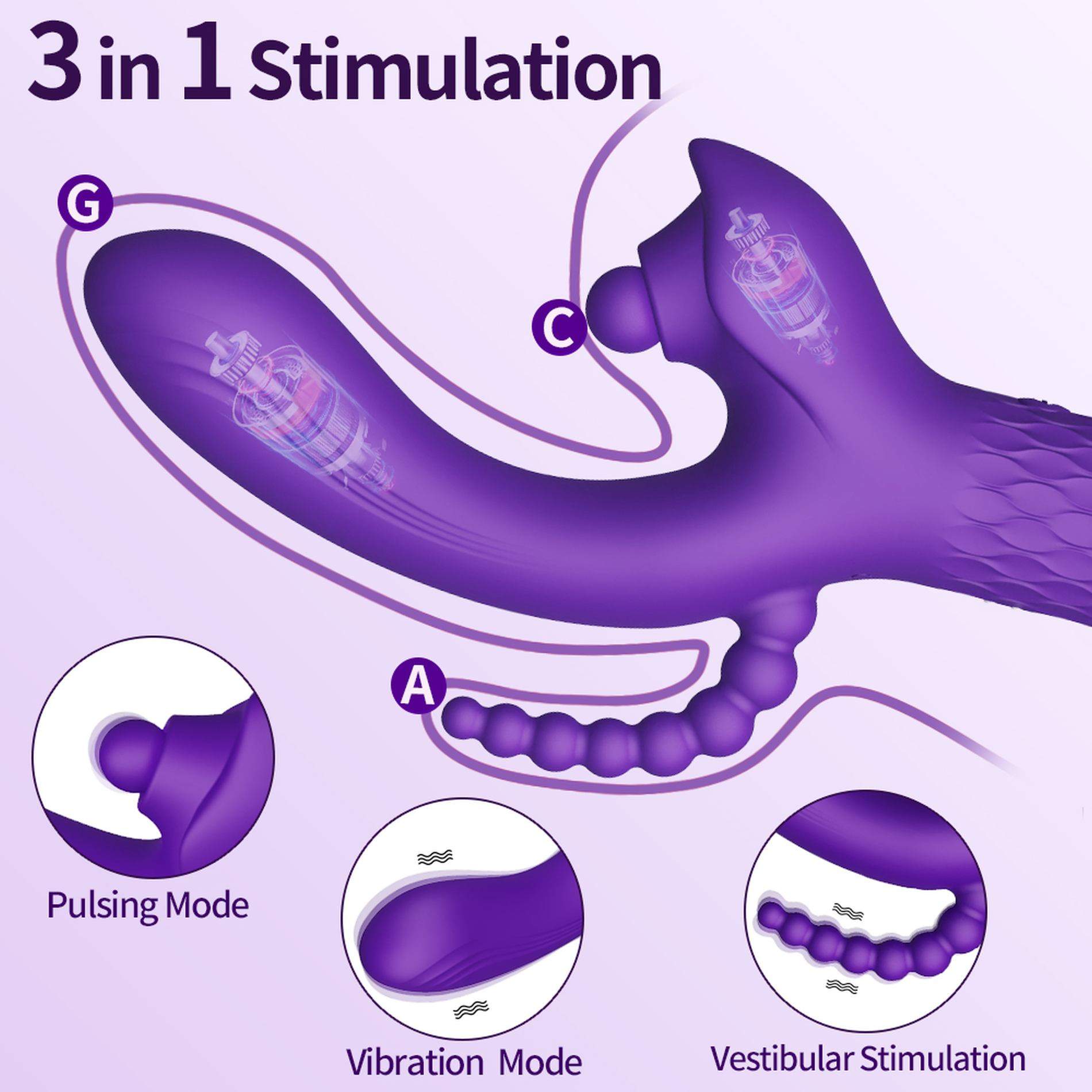 Nowoczesny wibrator 3w1: 7-trybów wibracji, stymulacja łechtaczki + wypustka analna