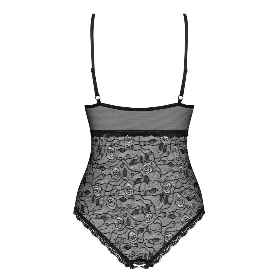 Body Obsessive 818-TED-1 z czarnej siateczki w różyczki i koronek