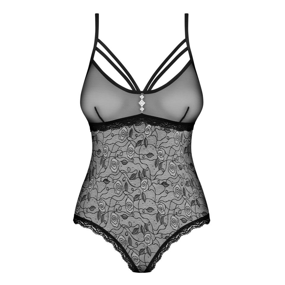 Body Obsessive 818-TED-1 z czarnej siateczki w różyczki i koronek