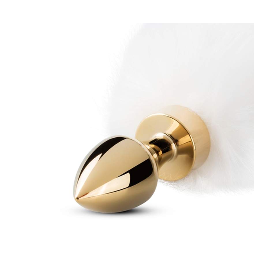 Stylowy złoty korek analny z białym lisim ogonem - średnica 2,7 cm