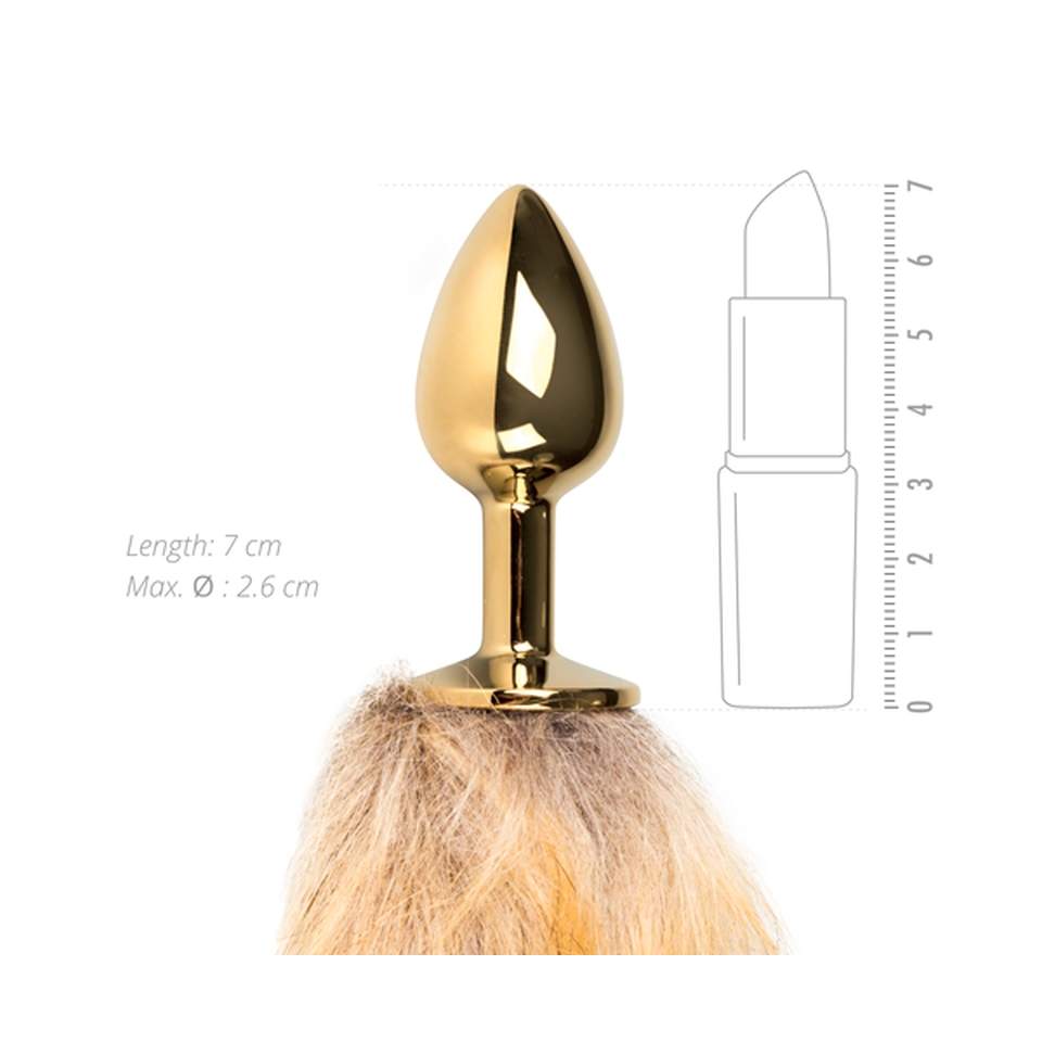 Stalowy złoty korek analny ze rudym lisim ogonem - średnica 2,7 cm