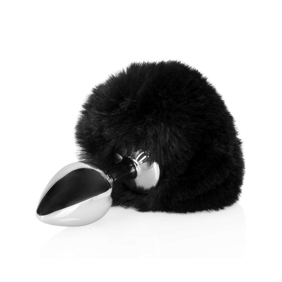 Srebrny korek analny z ogonkiem królika w kolorze czarnym