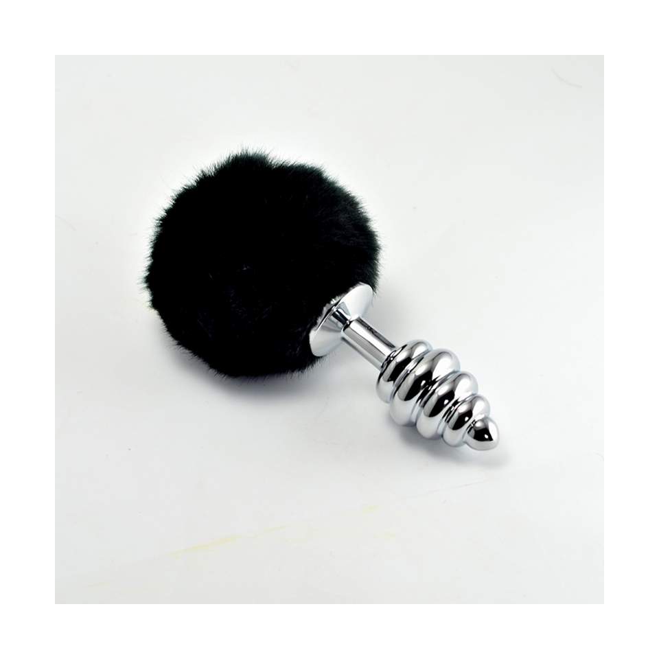 Mmetalowy korek analny z czarnym pomponem w kształcie spirali- średnica 8cm