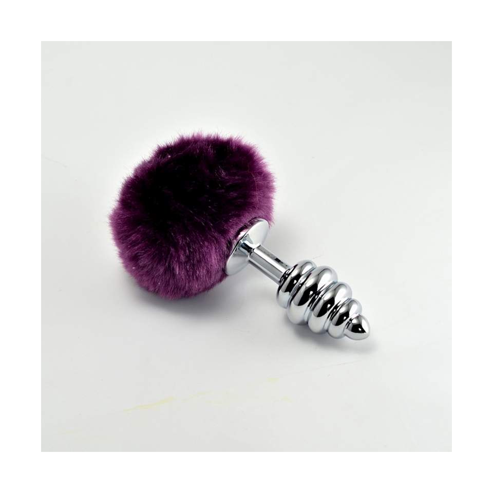 Metalowy korek analny w kształcie spirali - z pomponem w kolorze fioletowym