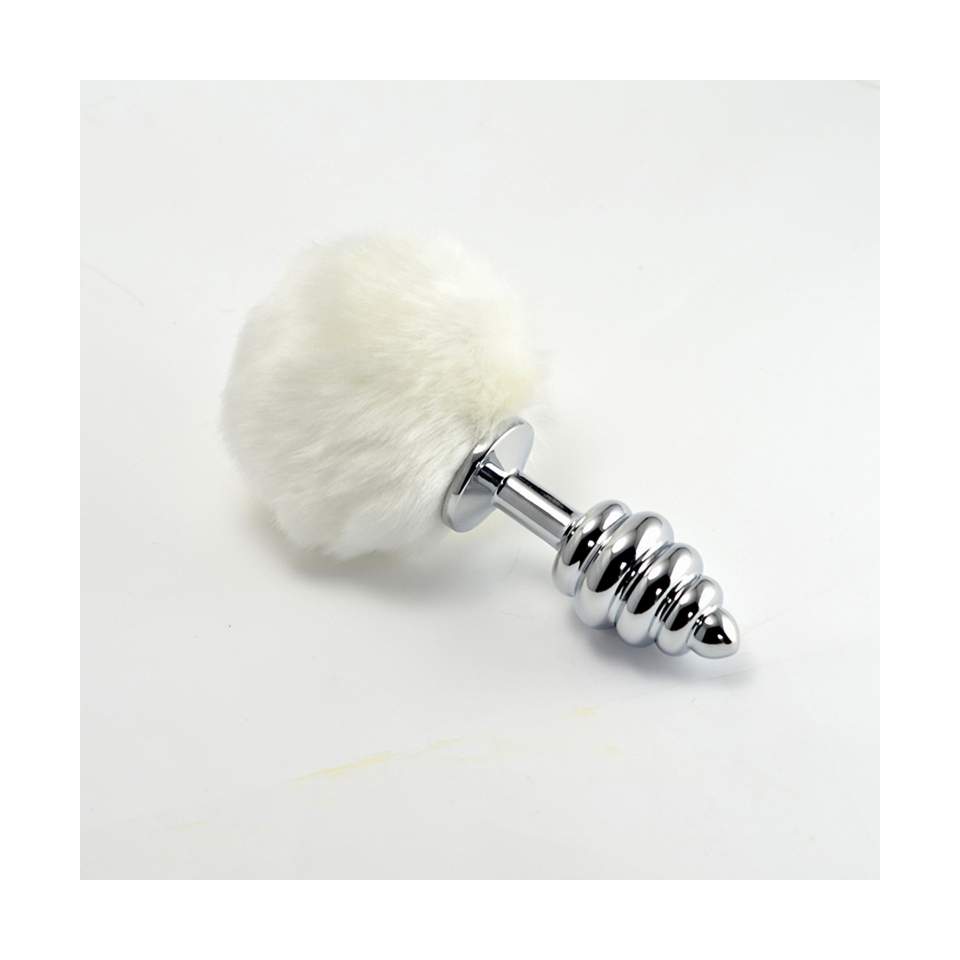 Metalowy korek analny w kształcie spirali - z pomponem w kolorze białym