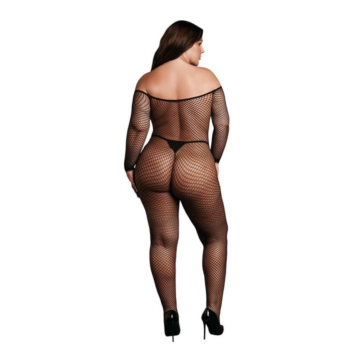 Czarny bodystocking z długimi rękawami i seksownym dekoltem typu off-shoulder XL-4XL