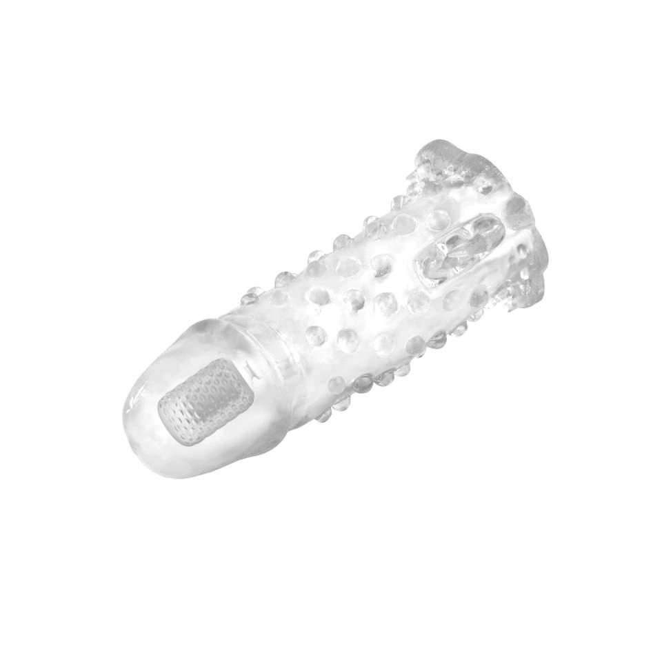 Nakładka z wypustkami na penisa z wbudowanym kontaktowym modułem wibrującym na końcówce