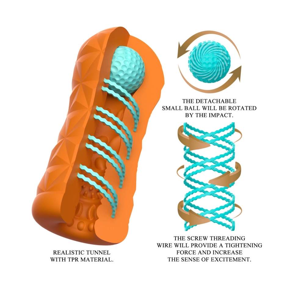 Przeźroczysty masturbator wielokrotnego użytku wyposażony jest w wirującą spiralę i stymulującą kulkę wewnątrz