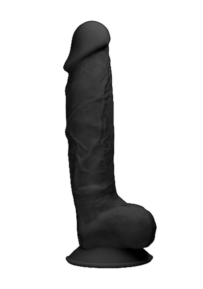 Realistyczne silikonowe dildo z jądrami i przyssawką z możliwością podgrzania lub schłodzenia- 22,6cm w kolorze czarnym