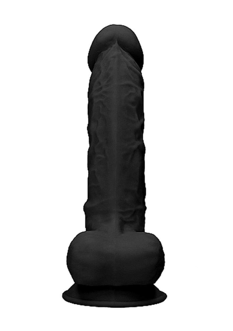 Realistyczne silikonowe dildo z jądrami i przyssawką z możliwością podgrzania lub schłodzenia- 22,6cm w kolorze czarnym