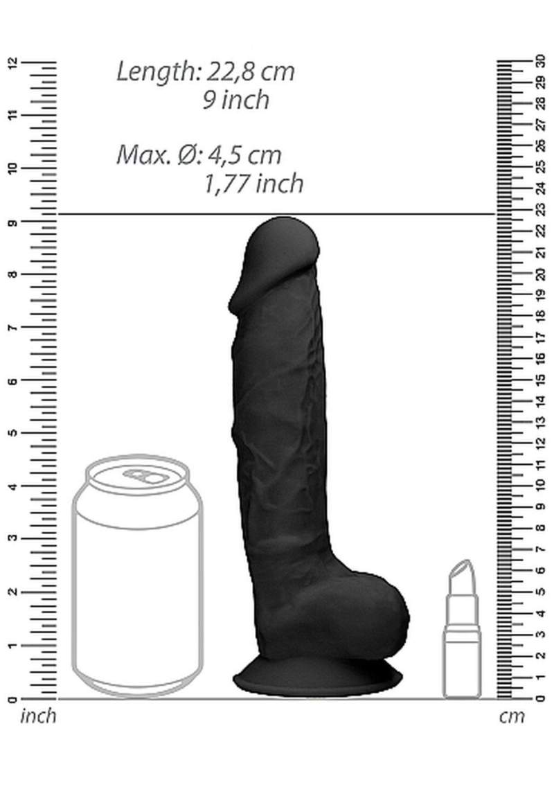 Realistyczne silikonowe dildo z jądrami i przyssawką z możliwością podgrzania lub schłodzenia- 22,6cm w kolorze czarnym