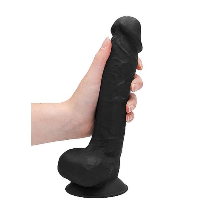 Realistyczne silikonowe dildo z jądrami i przyssawką z możliwością podgrzania lub schłodzenia- 22,6cm w kolorze czarnym