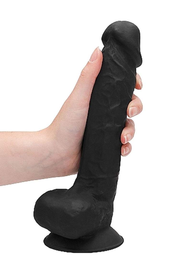 Realistyczne silikonowe dildo z jądrami i przyssawką z możliwością podgrzania lub schłodzenia- 22,6cm w kolorze czarnym