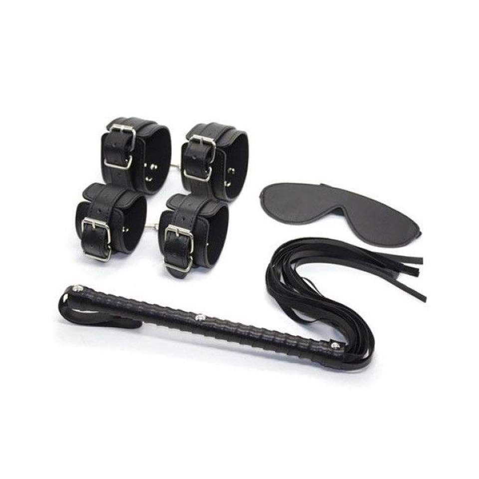 Zestaw podstawowy do Bondage: maska na oczy, kajdanki na nadgarstki, kajdanki na kostki oraz bat
